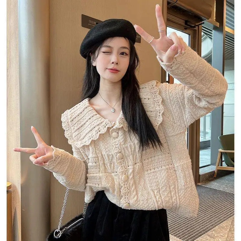 Korean Peter pan Collar knitting Cardigan coat Women Autumn Winter Solid color Long sleeve sweater All-match sweet Knitwear tops