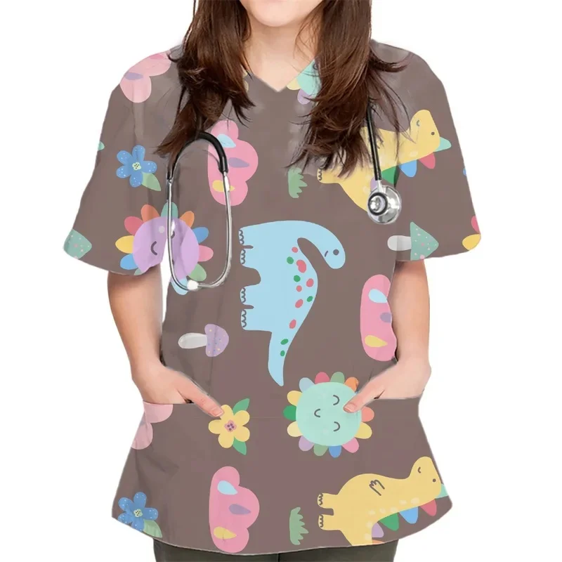 Women's Dinosaur PrintVTie pocketTShirt Specialized medical workwear tops for dentists veterinarians and nurses
