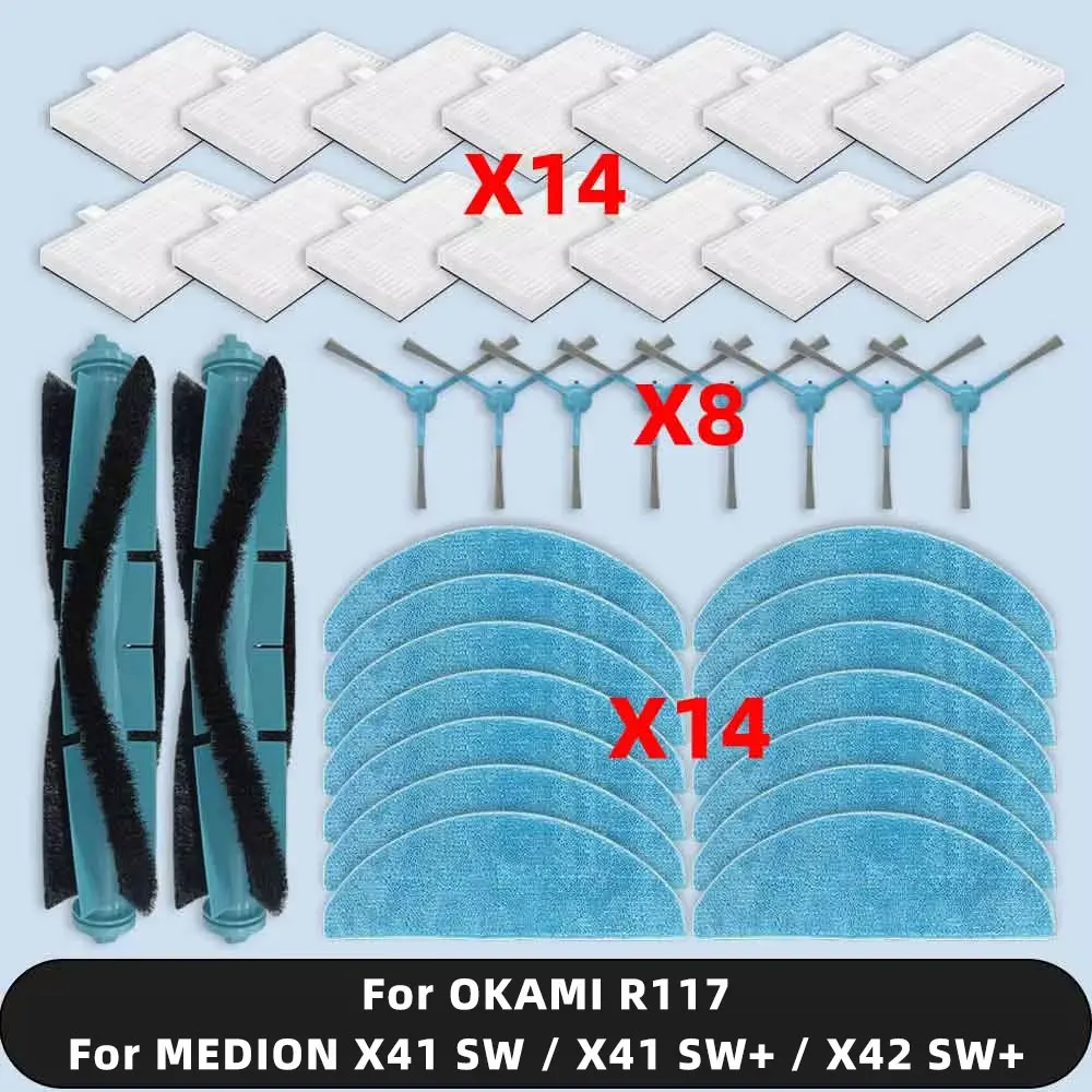 Piezas de Repuesto compatibles con OKAMI R117 / MEDION X41 SW / X41 SW+ / X42 SW+ / MD 11916 / MD 14841 / MD 12034 filtro de cepillo lateral principal, paño de fregona