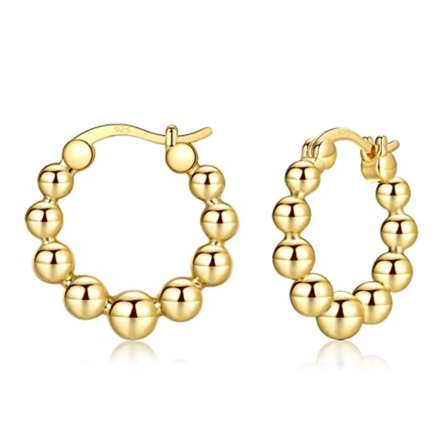 

Gold Chunky Hoop Earrings for Women Thick 925 Sterling Silver Post Beaded Ball Huggies Earrings Lightweight Hypoallergenic Hoop
