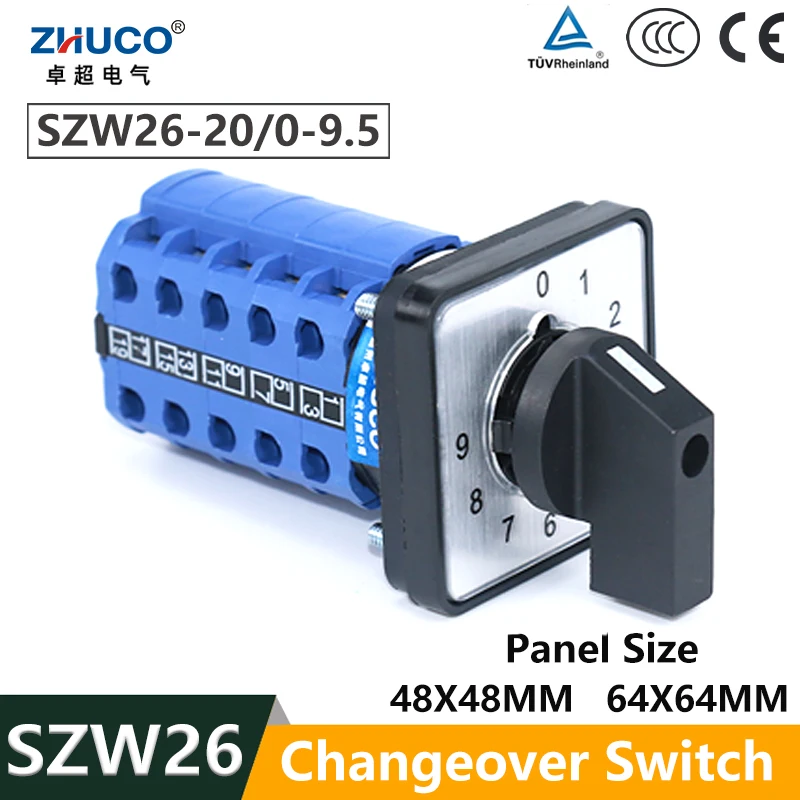 

ZHUCO SZW26/LW26-20 0-9 10 Position 5 Phase 20A 660V Control Rotary Universal Changeover Cam Switch 64X64 48X48 mm Panel Mount