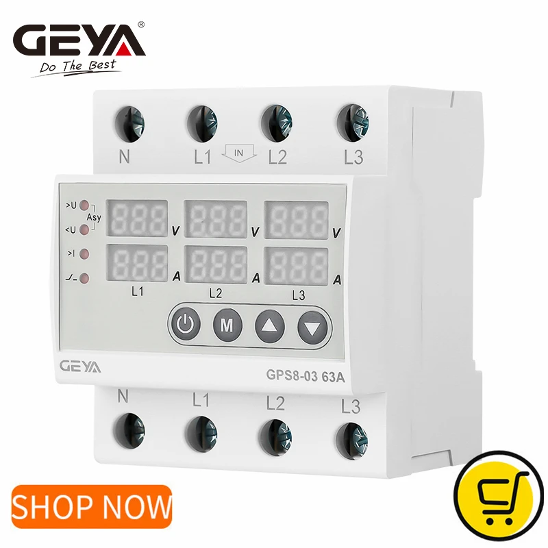 

GEYA GPS8-03 Din Rail 3P+N Voltage Relay Voltmeter Ammeter Over and Under Voltage Monitor Relays Adjust Current Overvoltage