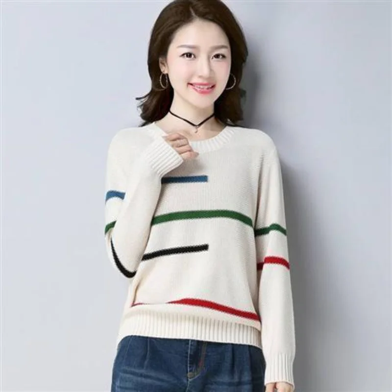 Female Striped Knitting Pullovers Top Autumn Winter New O-neck Long Sleeve All-match Sweaters Fashion Vintage Women Clothing