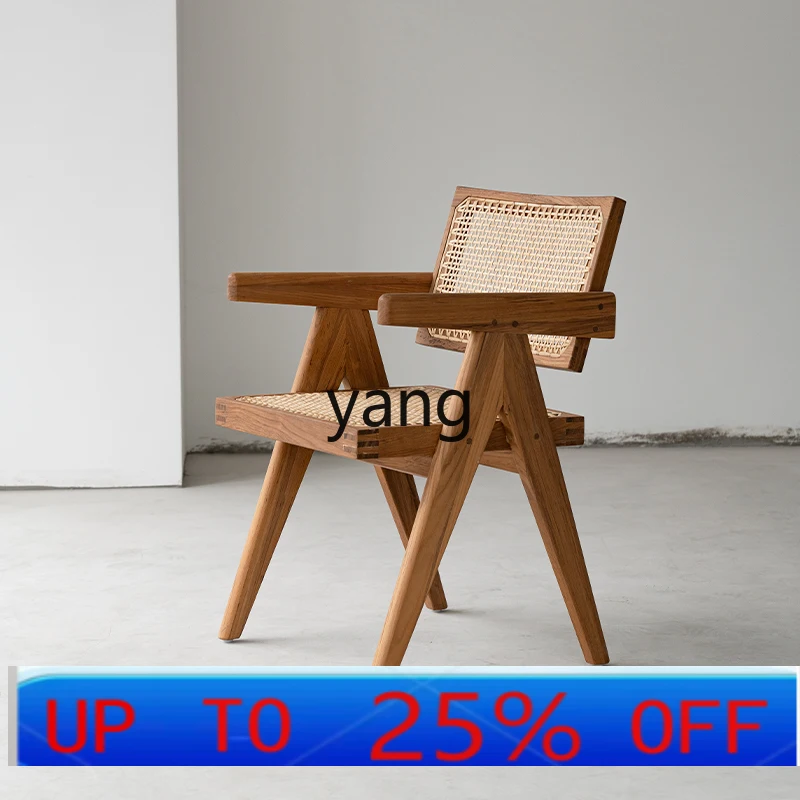 

LMM casual retro Handmade Rattan Woven Dining Chair with Armrest