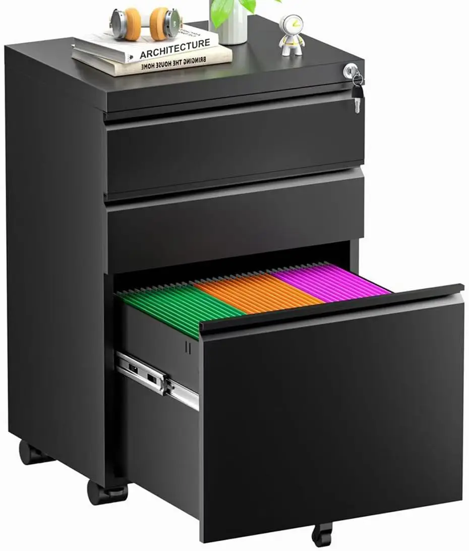 

3-Drawer Rolling File Cabinet, Lockable, Fully Assembled, Under Desk, Metal, Black