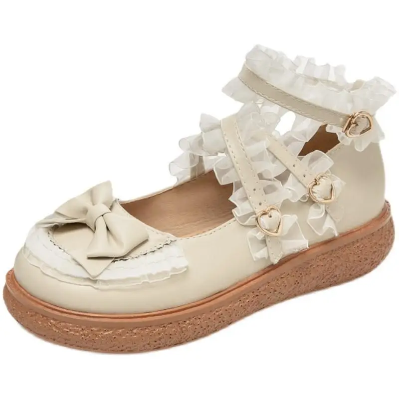 35-43 Sweet Lolita Platform Shoes Ruffle Lace Bow Mary Jane Shoes Round Toe Ankle Strap PU Leather Cosplay Daily Dress Shoes