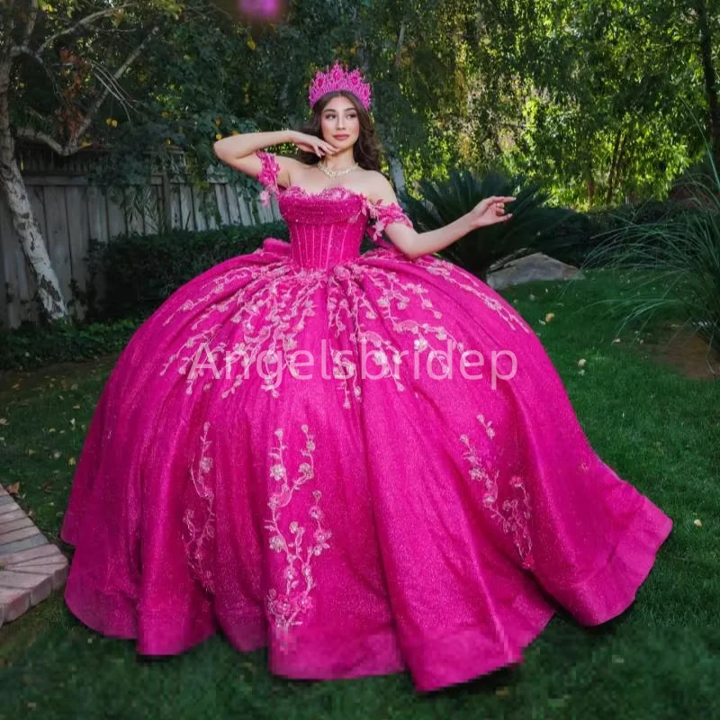 Angelsbridep Customized Hot Pink Ball Gown Quinceanera Dresses For 15 Years Appliques Lace Up Party Dress Vestidos De Gala