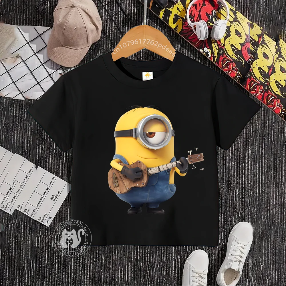 Teen Hip Hop Style 100% cotone t-shirt bambini Cartoon Minions playing guitar stampato girocollo t-shirt in cotone ragazzi ragazze manica corta