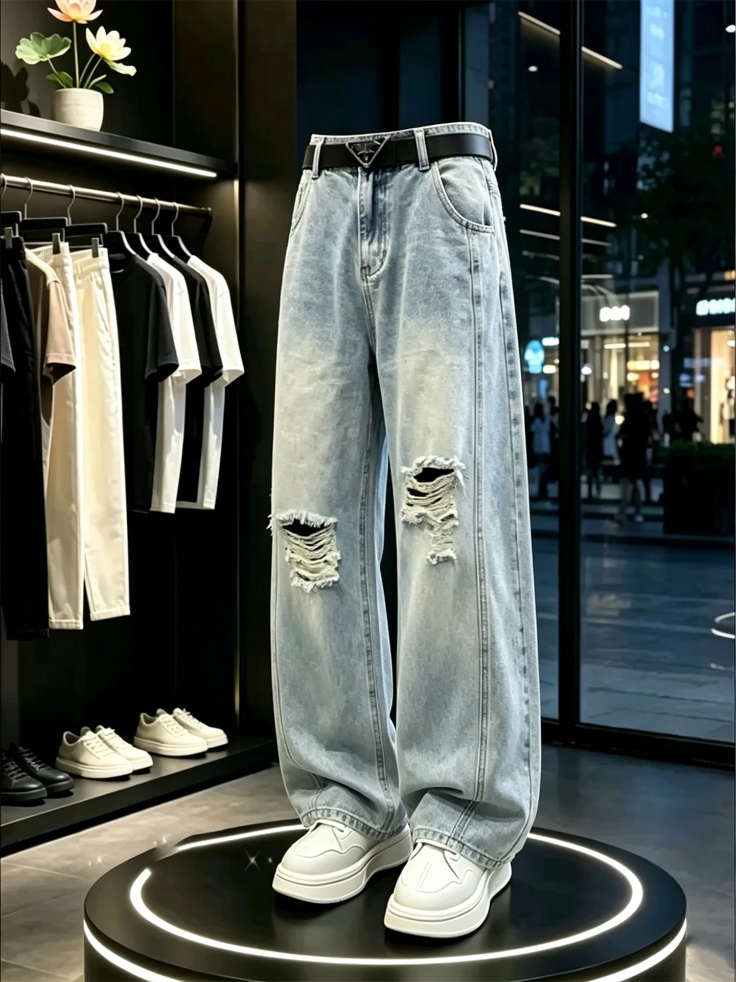 Retro Blue Washed Ripped Jeans Men's Summer Thin Deconstructed Patchwork Knife  American High Street Straight Leg Jeans
