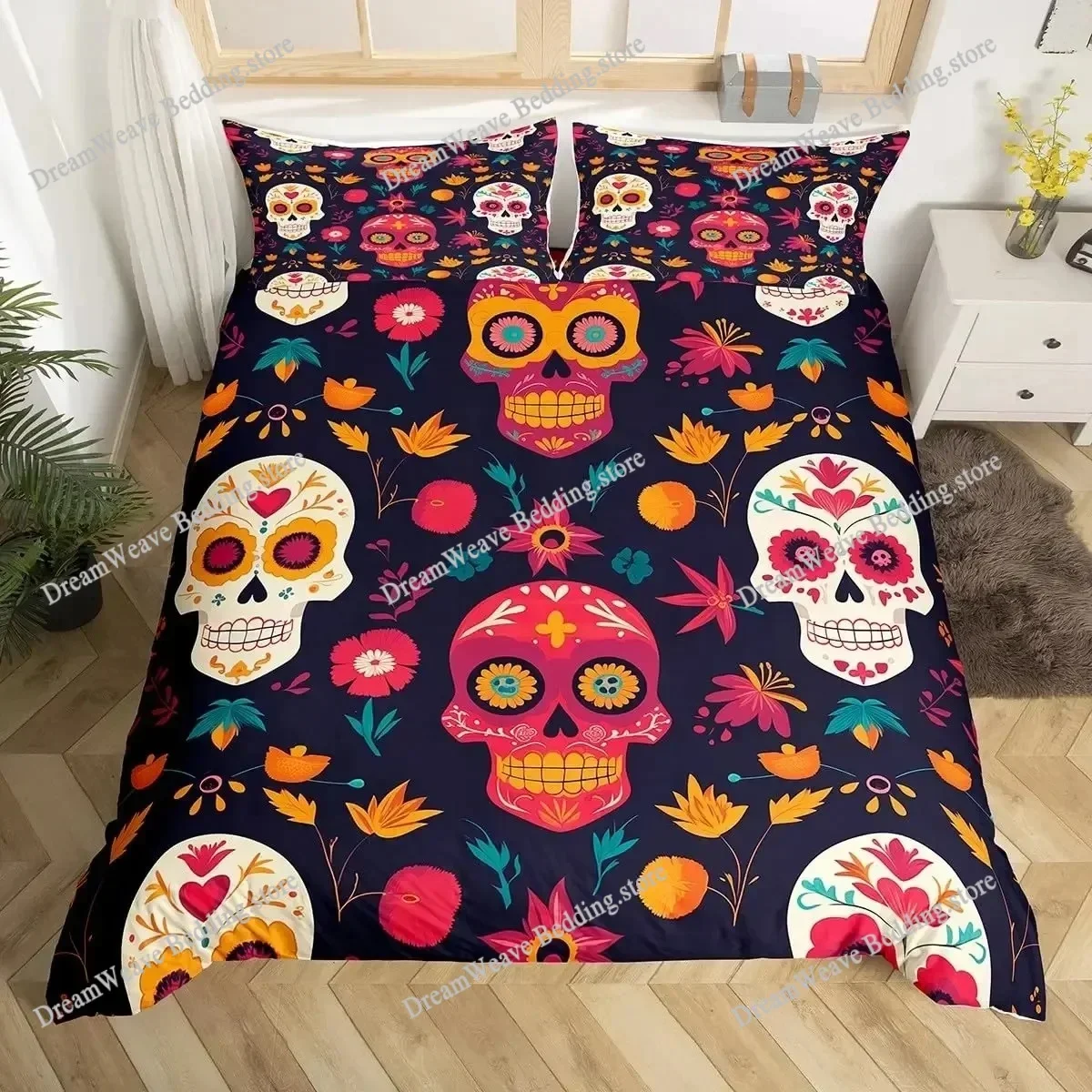 Sugar Skull Duvet Cover King, 3D Skull Bedding Set For Boys Girls, Bones Skeleton Blue Roses Comforter Cover With PillowcasesFQH