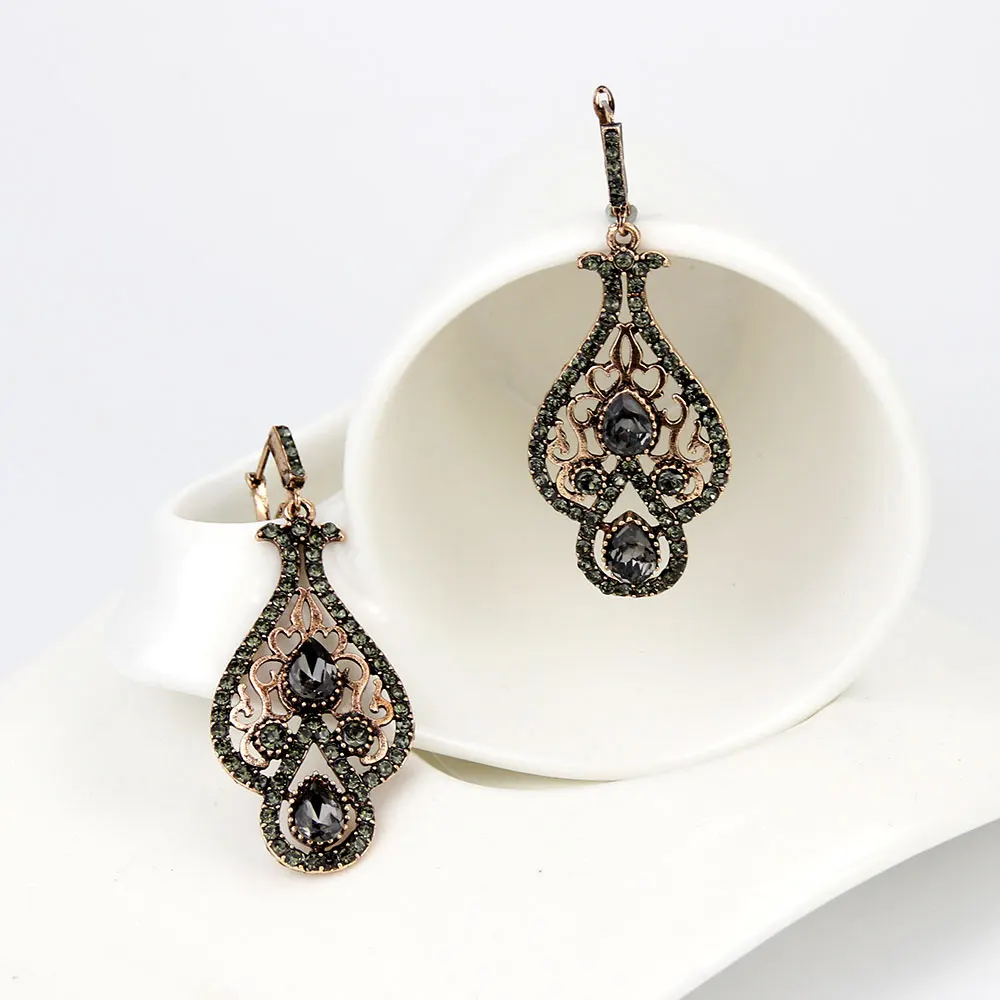 Neovisson Shining Moroccan Gray Crystal Earring Antique Gold Color Turkish Wedding Jewelry Bride Gift Handmade Trendy Earring