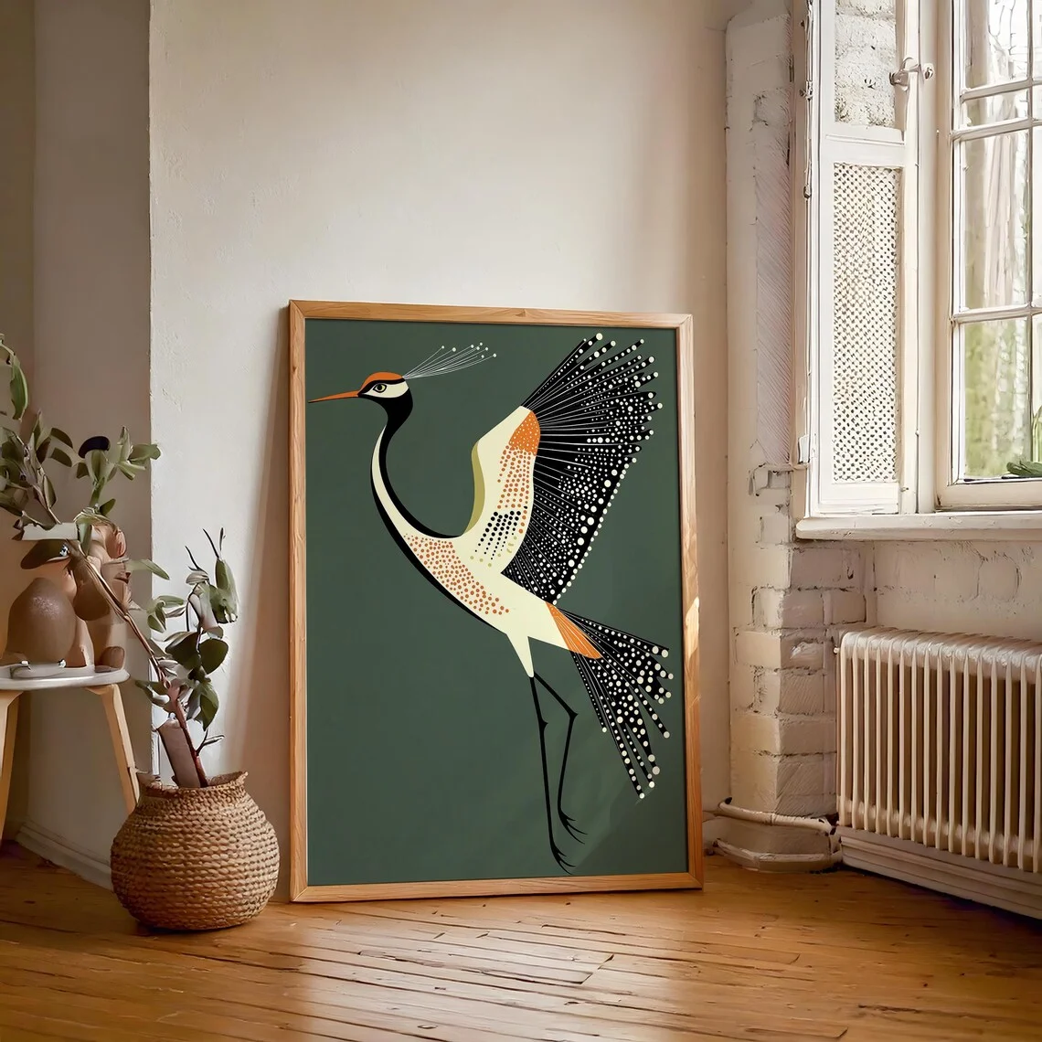 Fancy Flying Crane, Art Deco Wall Art, Retro Mid Century Modern House Decor, Bird Lover Decor, Vintage Japandi Wall Art, Digital
