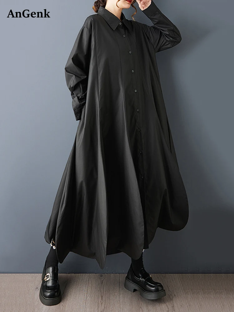 Übergroße schwarze Vintage-Hemdkleider für Frauen, neues Revers, lange Ärmel, lockeres lässiges Midi-Kleid, elegante Kleidung, Frühling und Herbst 2025,