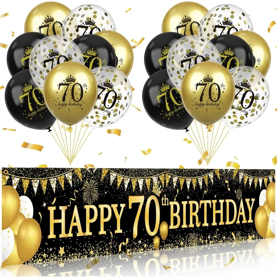 70th Birthday Decorations Black Gold 70th Birthday Banner and Balloons for Indoor Outdoor Parties