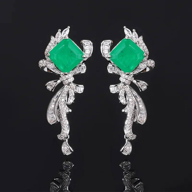 Square Emerald Paraiba Crystal Earrings Vintage Inspired Charms Tassels Dress Accessories for Women Jewelry Ribbon Shape Gift