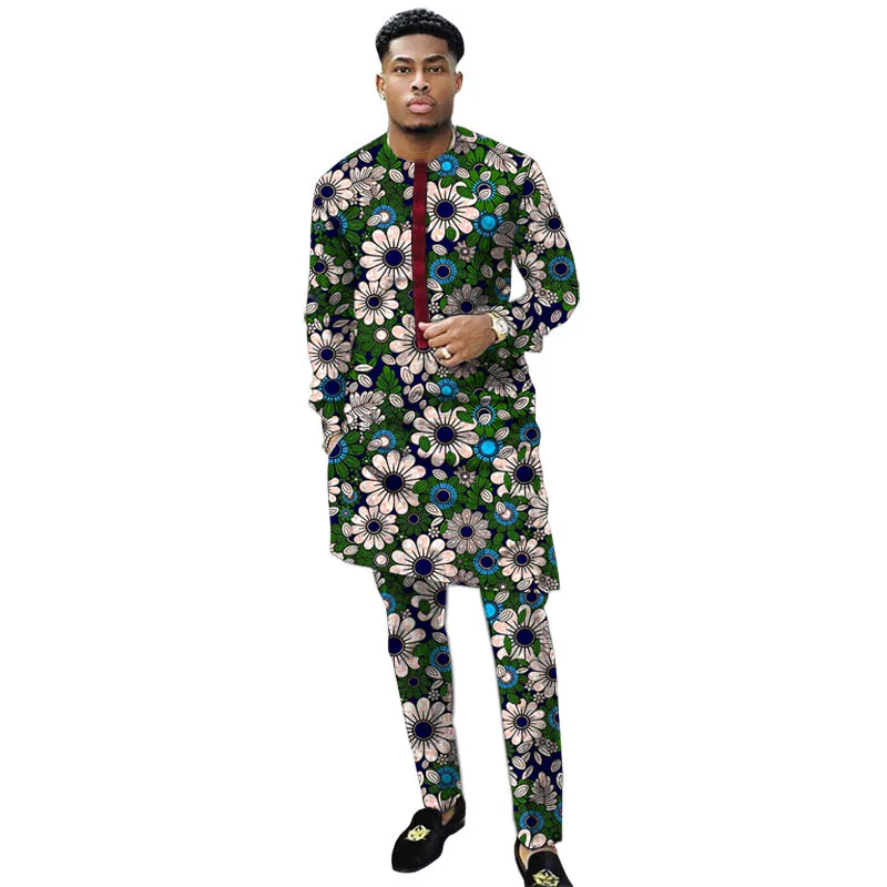 Nigerian Print Men Clothes Set Dashiki Shirts With Trousers Male Pant Suits Traditional Style African Pattern Wedding Wear