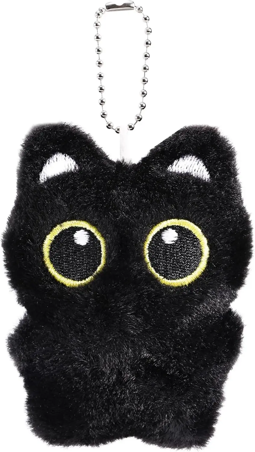 Cat Plush Keychain, 3.74x2.95in Black Cat Adorable Animal Plush Pendant Kawaii Keyring Charm Accessories Cute Kitty Lover Gifts for Handbags Backpacks Wallets