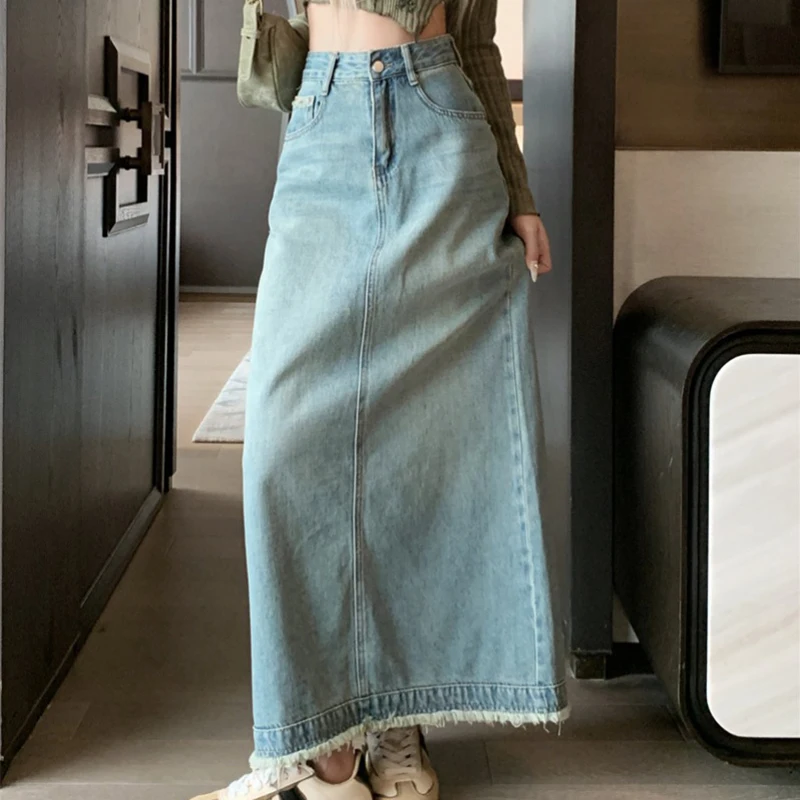 

Summer Raw Edge Long Denim Skirts Women Elegant High Waist Slit Jeans Skirt Blue A-line Female Skirts Streetwear