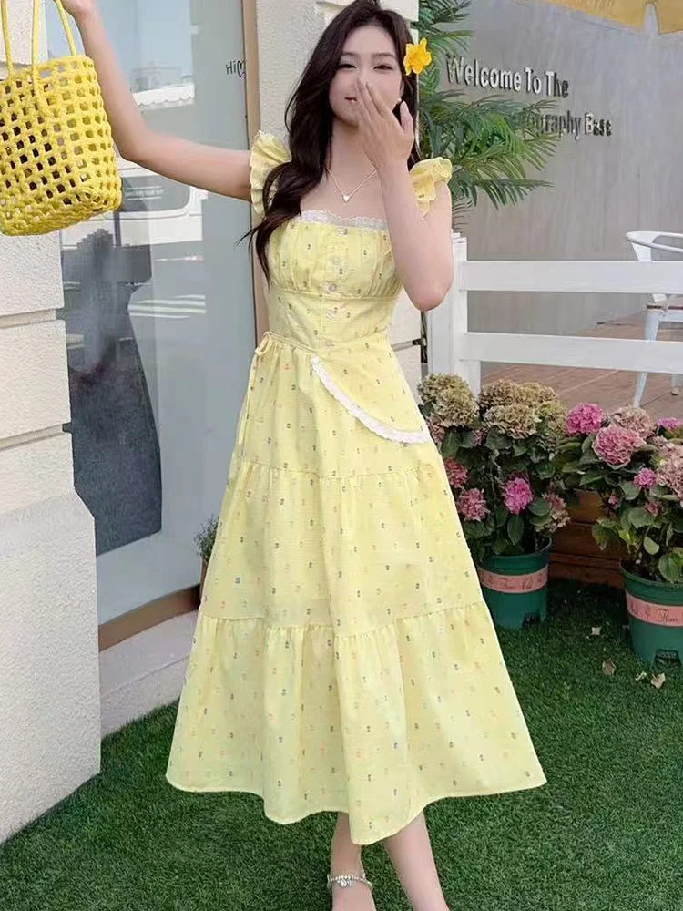 Estate Boho Blu Floreale Chic Pizzo Slash Neck Abito lungo sexy Donna Elegante abito casual da vacanza 2025 Abito da festa aderente coreano