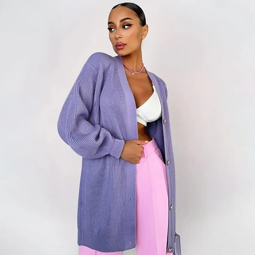 

Свободный вязаный кардиган с V-образным вырезом, женская верхняя одежда, металлические пуговицы, осень-зима, новый Sle Brit Sle Thiened, средней длины