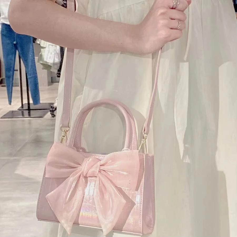 Fashionable, lightweight, luxurious women's handbag, girls' sweet pink bow small square shoulder bag, crossbody bag