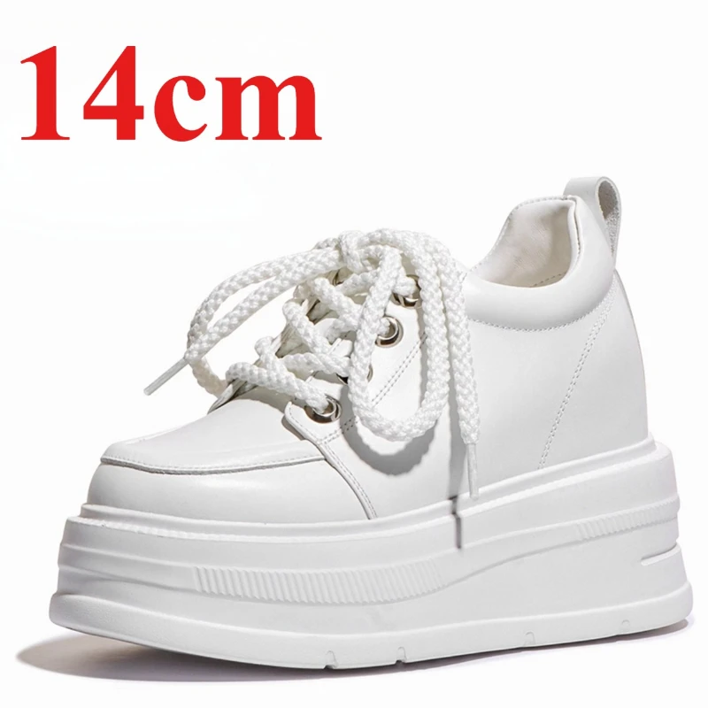 

Genuine Leather Platform Casual Board Shoes for Women's 14cm Fashionable 12cm Height Increasing Shoes Comfortable Elevator Shoes