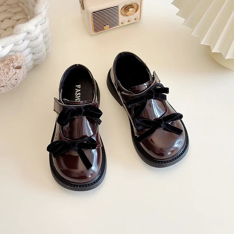 Chic Children's Shoe for Girl Glossy PU Versatile Princess Leather Shoes with Bowknot Spring Autumn Sweet Kids Mary Jane Shoes