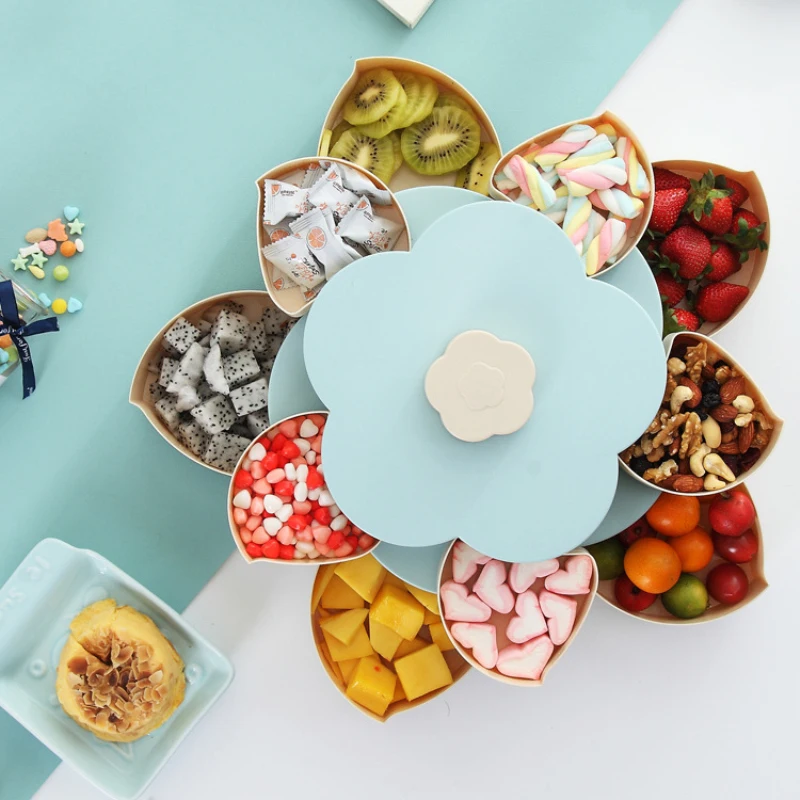 

1/2layers Creative Flower Petal Shaped Fruit Plate Rotatable Food Candy Storage Box Nuts Snack Tray Snack Storage Organizer Box