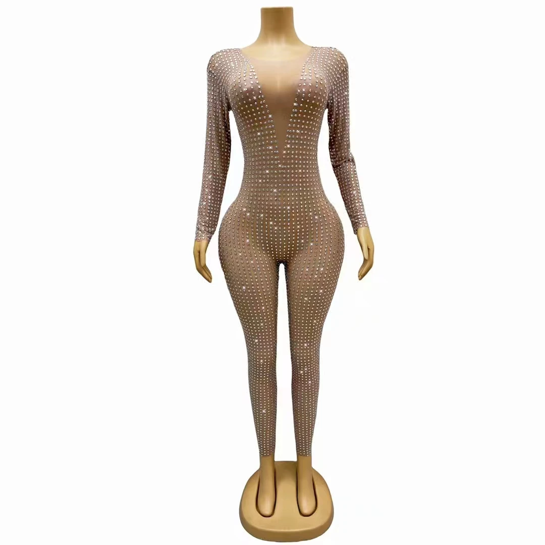 Macacão Sexy Slim Espumante Feminino, Elastano, Elástico, Strass Cristal, Clubes Noturnos, Bar, Tubulação de Aço Dança, Trajes Performance