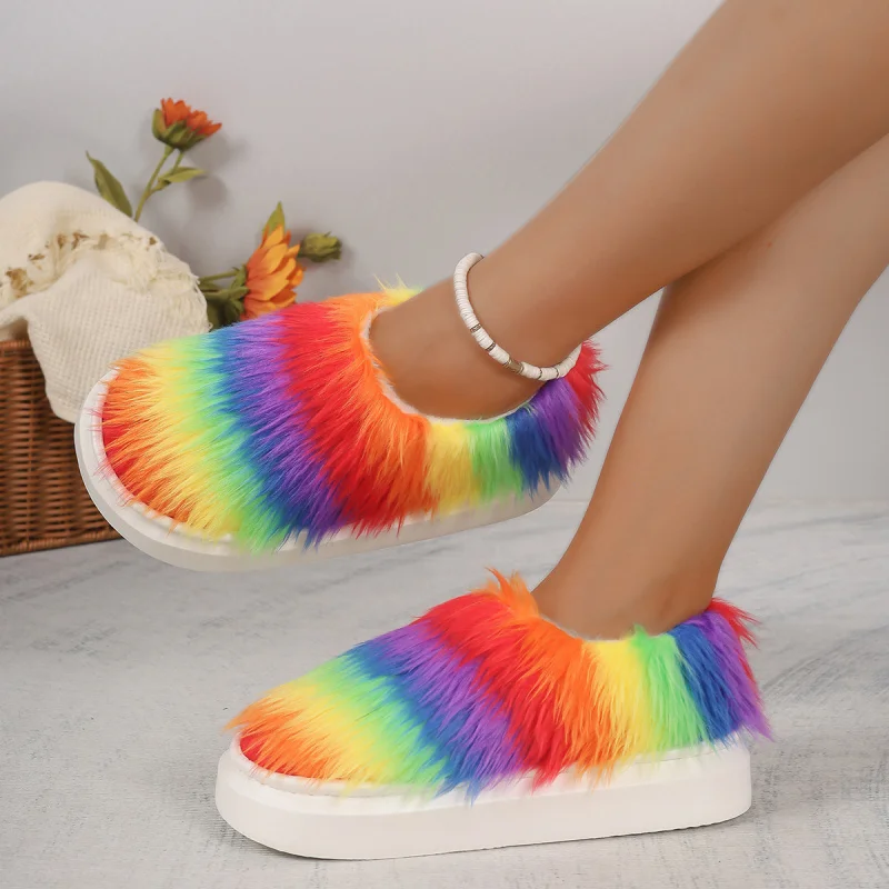 Pantoufles d'hiver en peluche et fourrure, pantoufles en coton dégradé de teinture par nouage, pantoufles d'intérieur chaudes et antidérapantes pour la maison