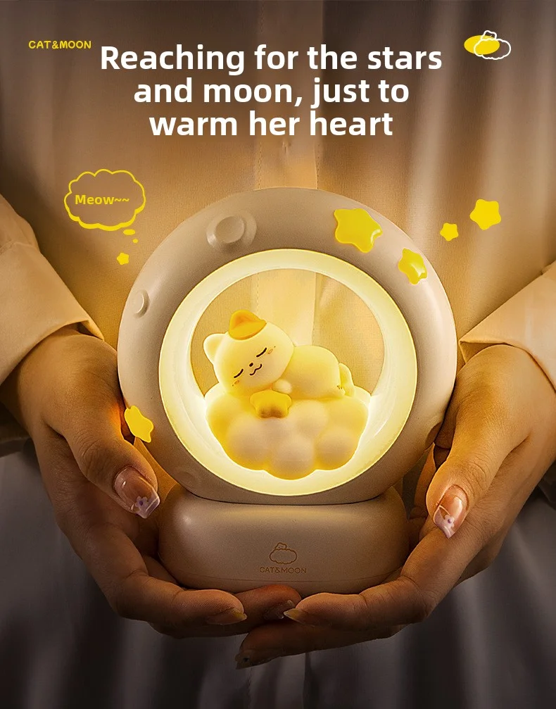 Star-Picking Moon-Catching Sleeping Cat Small Night Light Bedroom Desk Lamp Eye-Protecting Bedside Ambience Lamp