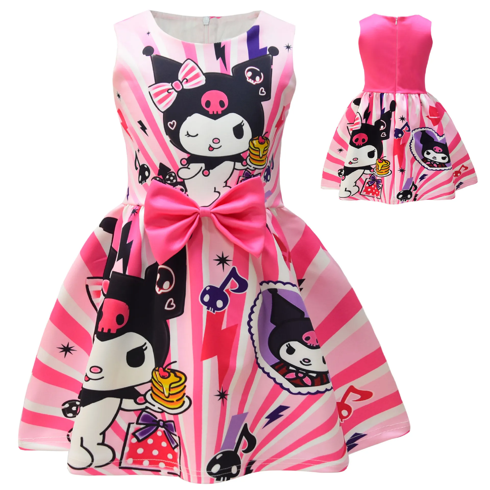 

Kawaii Girls Clothes Kuromi Cosplay Costume Cartoon Print Bowknot Sleeveless Kids Casual Party Outfit Sweet Princess Dress