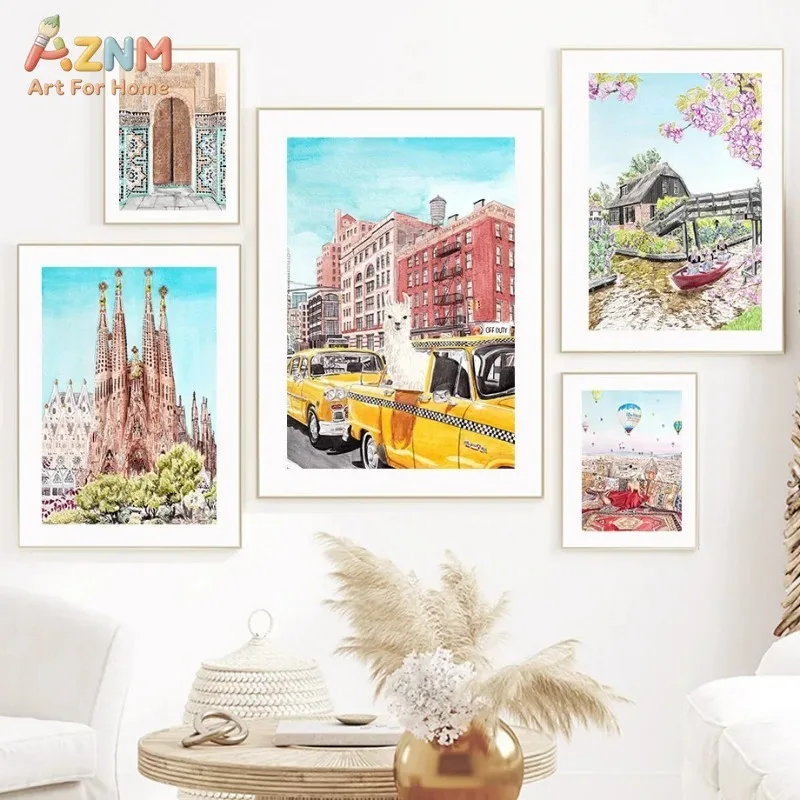 AZNM - Lienzo decorativo para pared con ilustración de paisajes urbanos de Barcelona, Nueva York, Ámsterdam y Marruecos, sin marco