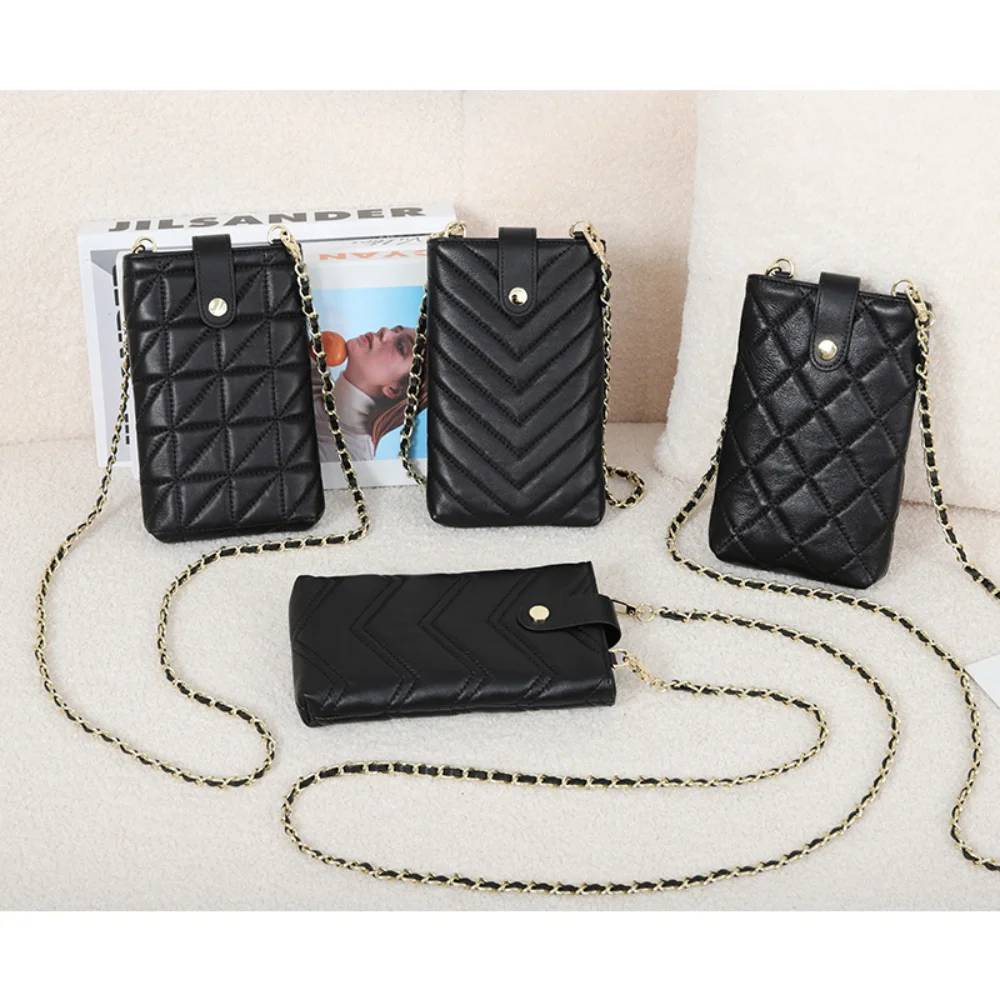 URBAN MASTER Dames zwarte telefoontassen Echt schapenvachtleer Mode Sling met ketting Schouderriem Zachte mini crossbody portemonnee