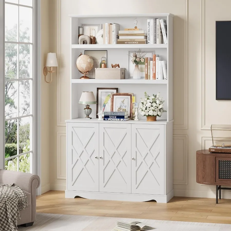 72 H Tall Bookshelf with Cabinets Wide Bookshelf and Bookcase with 3Tier Open Shelves Modern Book Case with Storage Cabinet for