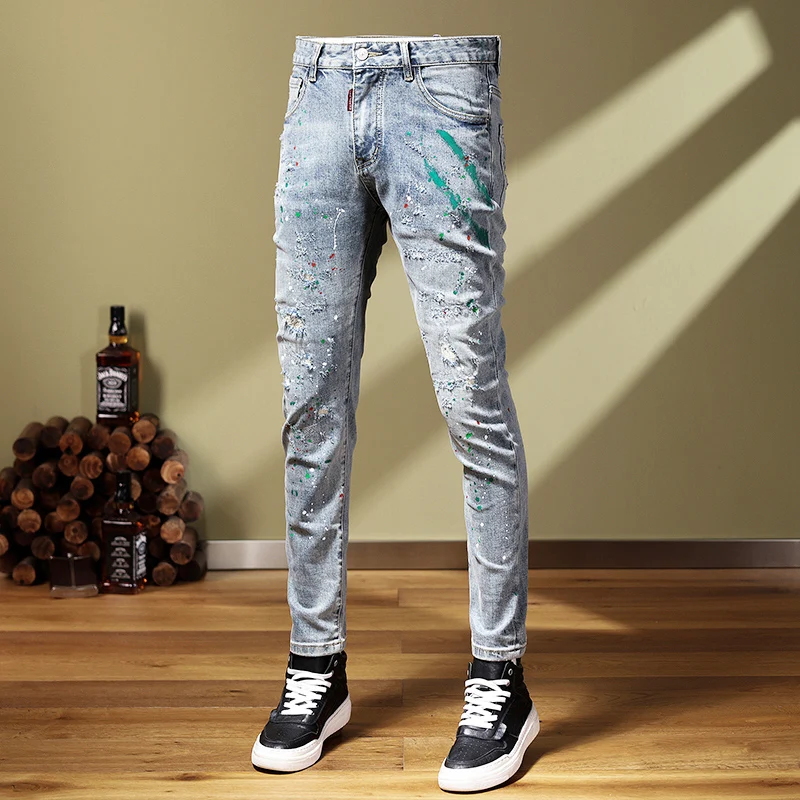 High Street Fashion Men Jeans Retro Light Blue Elastic Stretch Skinny Fit Ripped Jeans Men Painted Designer Hip Hop Pants Hombre