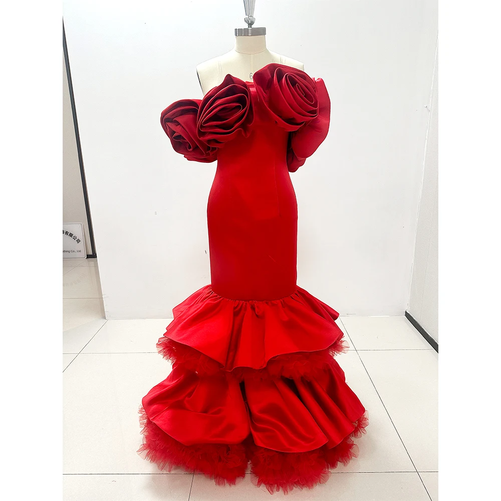 Luxury Red Evening Dresses Strapless Sleeveless 3D Flowers Tiered Mermaid Formal Occasion Elegant Women Prom Dress Gowns 2024