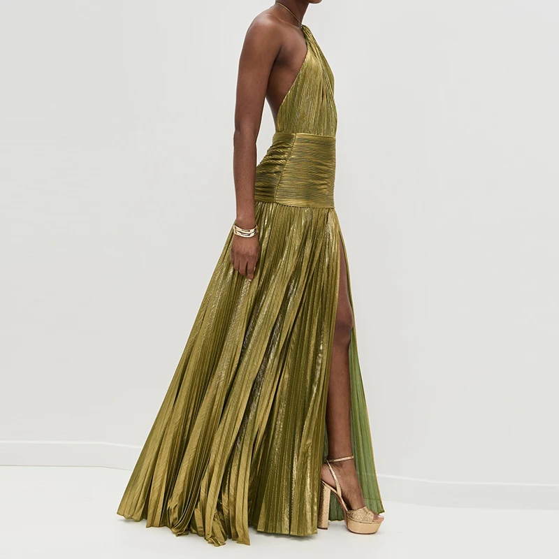 Sexy Backless High Split Party Dress 2025 Fashion Sleeveless Solid Evening Dress Ladies Summer Halter Hollow Pleated Long Dress