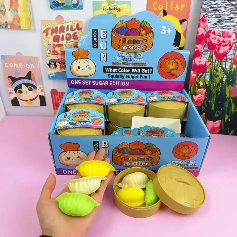 Portable Dumpling  Mystery Blind Box 3Pcs Stretchy Fidget Toy with Steamer for Travel Long Trip Time Killing