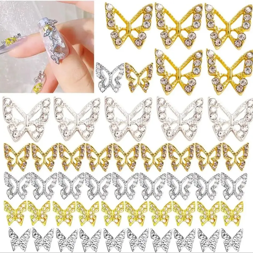 Motylowy cyrkonie do paznokci motyl, Motylowy klejnoty kamienie do DIY ozdoba do paznokci, 50 sztuk 3D złoty diament