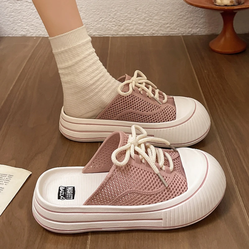 여성을위한 통기성 메쉬 레이스 업 여름 플랫폼 슬리퍼 홈 스트리트 신발 두꺼운 단독 한국 스타일 소녀 슬립 온 샌들