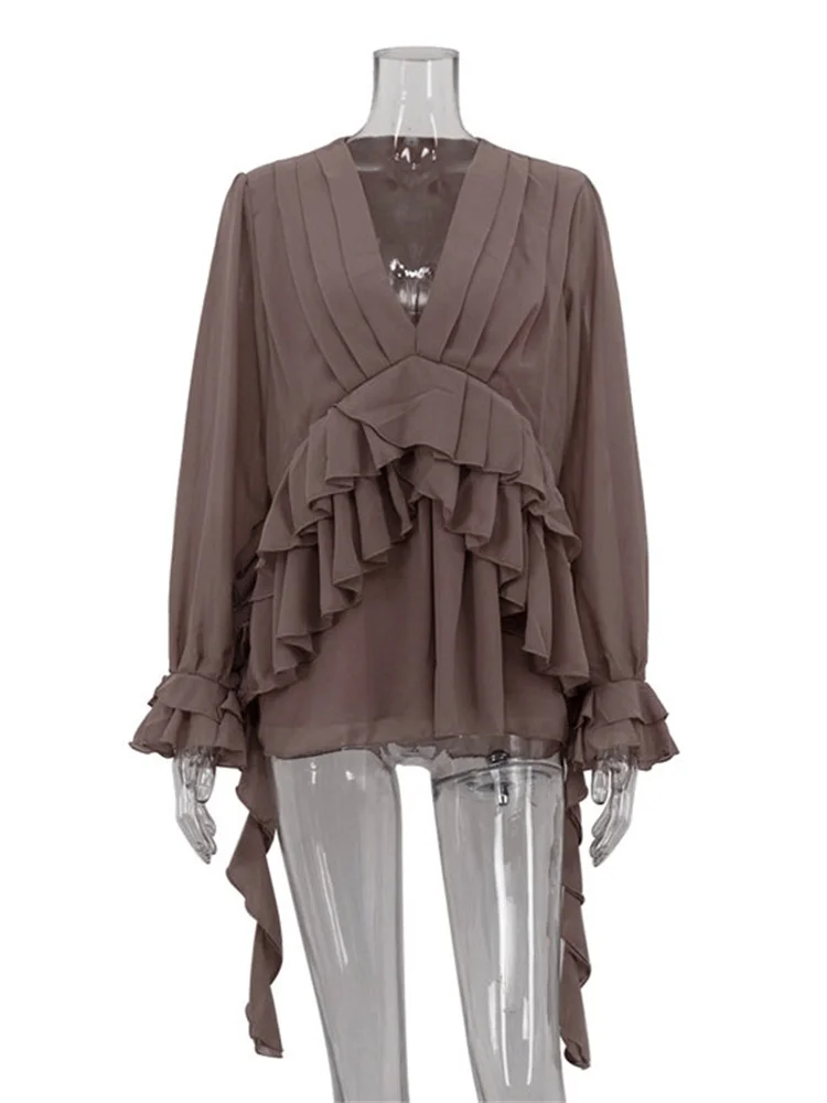 Tossy Chiffon Ruffled V-Neck Shirts Clothes For Women Patchwork Long Sleeve Loose Commute Elegant Blouse Female Casual Blouse