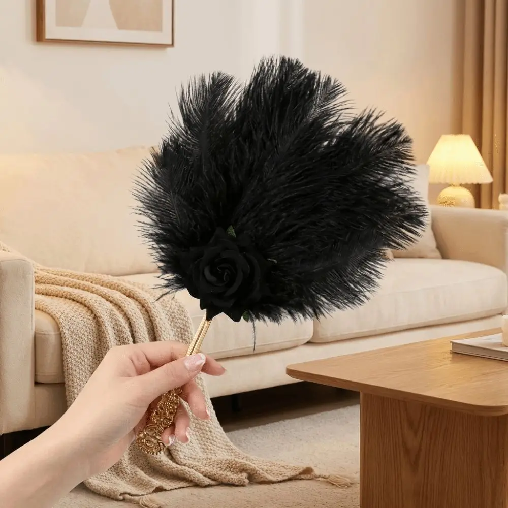 Gold Handle Ostrich Feather Fan Handmade Craft Artificial Rose Chinese Hand Fan Fan Soft Fluffy Dance Fan Party Occasions