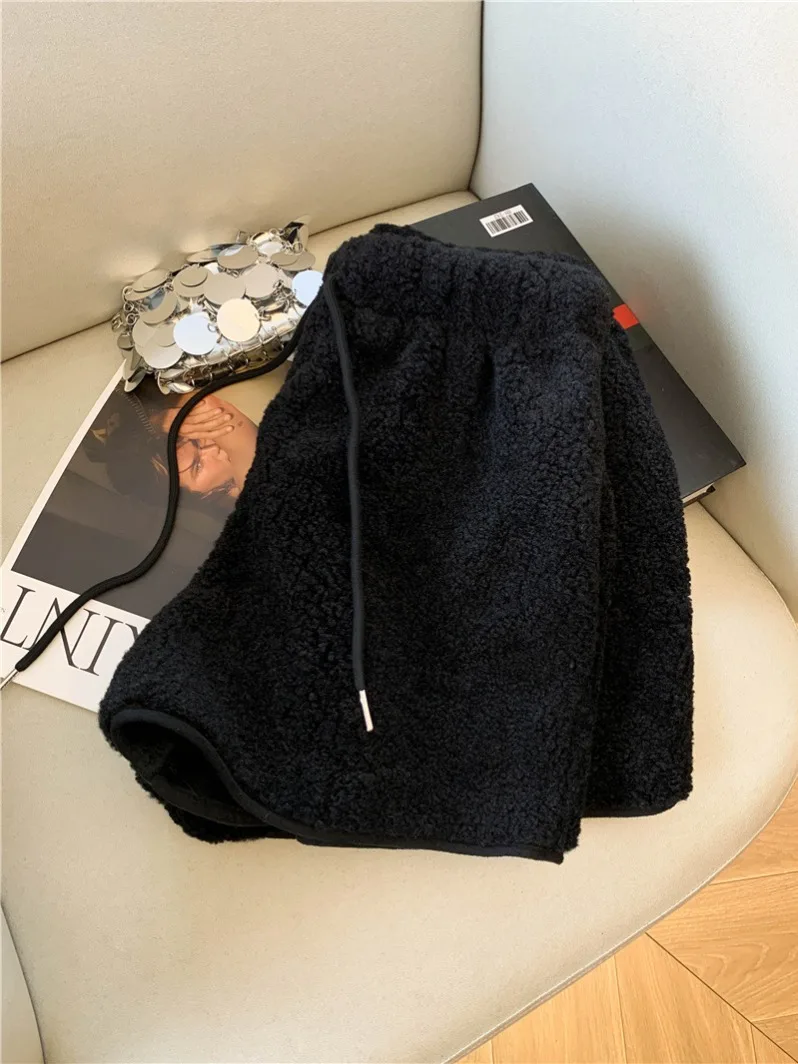 Thiened pantalones ort de cintura alta de piel de cordero para mujer Otoño Invierno nuevos pantalones casuales de pierna recta cómodos suaves coreanos S...