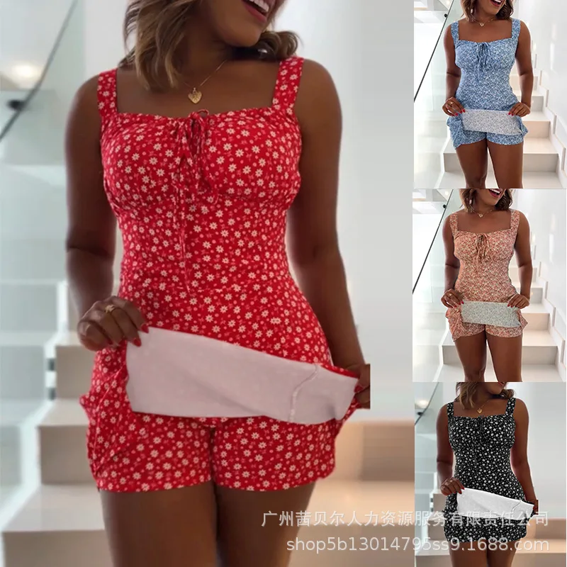 

Комплект с короткими брюками, женские комплекты из двух предметов, рабочие топы без рукавов с цветочным принтом, короткие брюки с высокой талией, уличная одежда Y2k, элегантная