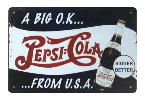 old ads organize garage A Big O.K.. Pepsi-Cola tin metal sign