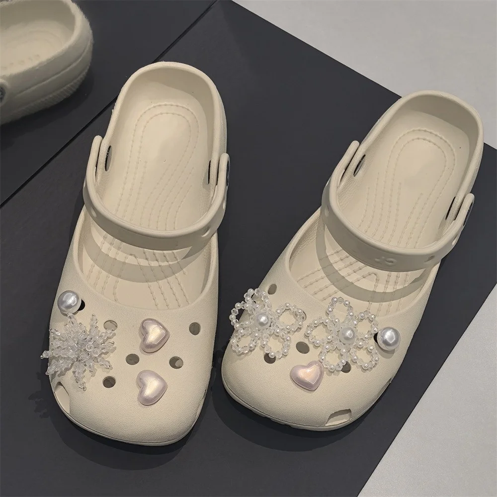 Fashino New 1 Set Mary Jane Ballet Shoe Charms with Flower Beads Pearl Bow Buckle Crystal Shoe Decoration Accessories image 3
