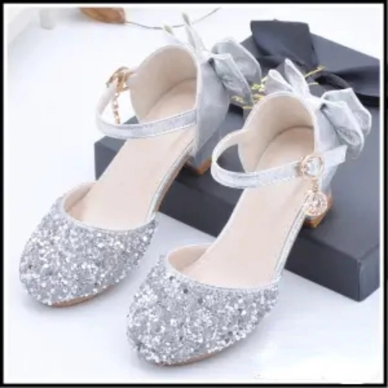 New Princess Girls Shoes Sandals Children Glitter Bow Low Heel Children's Shoes Girls Party Children's Shoes Dance Shoes