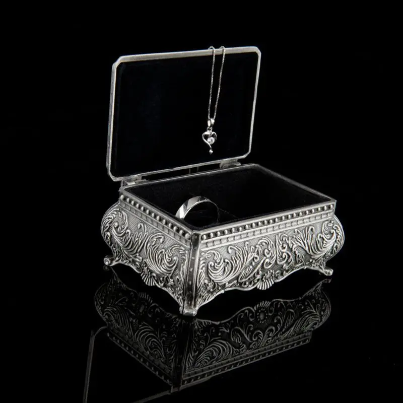 Metallic Floral Engraved Earring Ring Zinc-alloy Box Gift Storage Small Holder HXBA