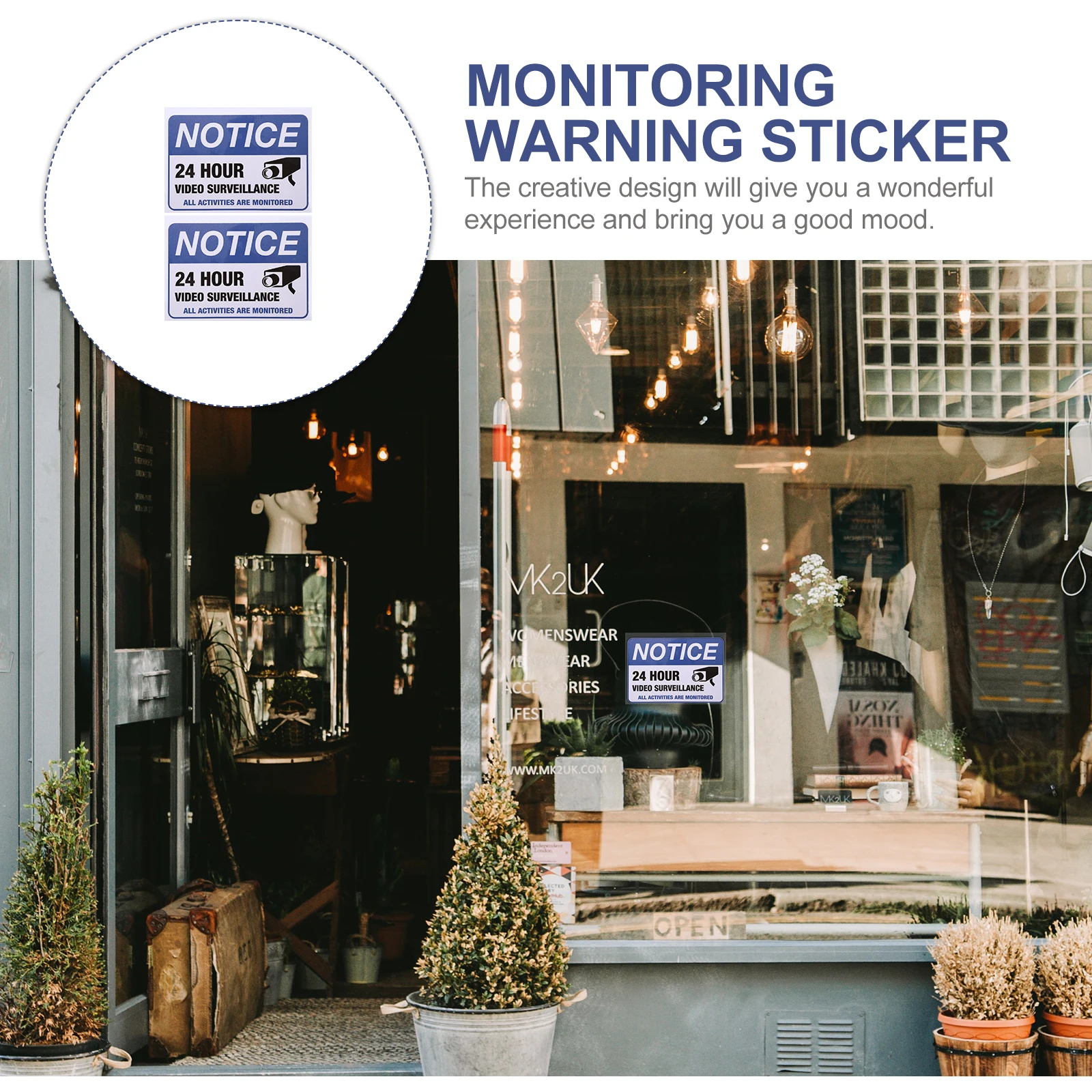 2Pcs Monitored Warning Stickers Premium Security Surveillance Video Decal for Public Places Shops Cars 24h Video Monitored